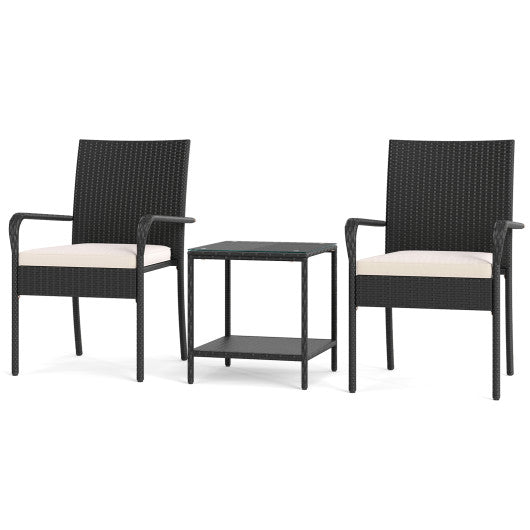 3 Piece Patio Furniture Set with Seat Cushions and Tempered Glass -White