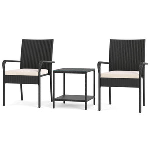 3 Piece Patio Furniture Set with Seat Cushions and Tempered Glass -White