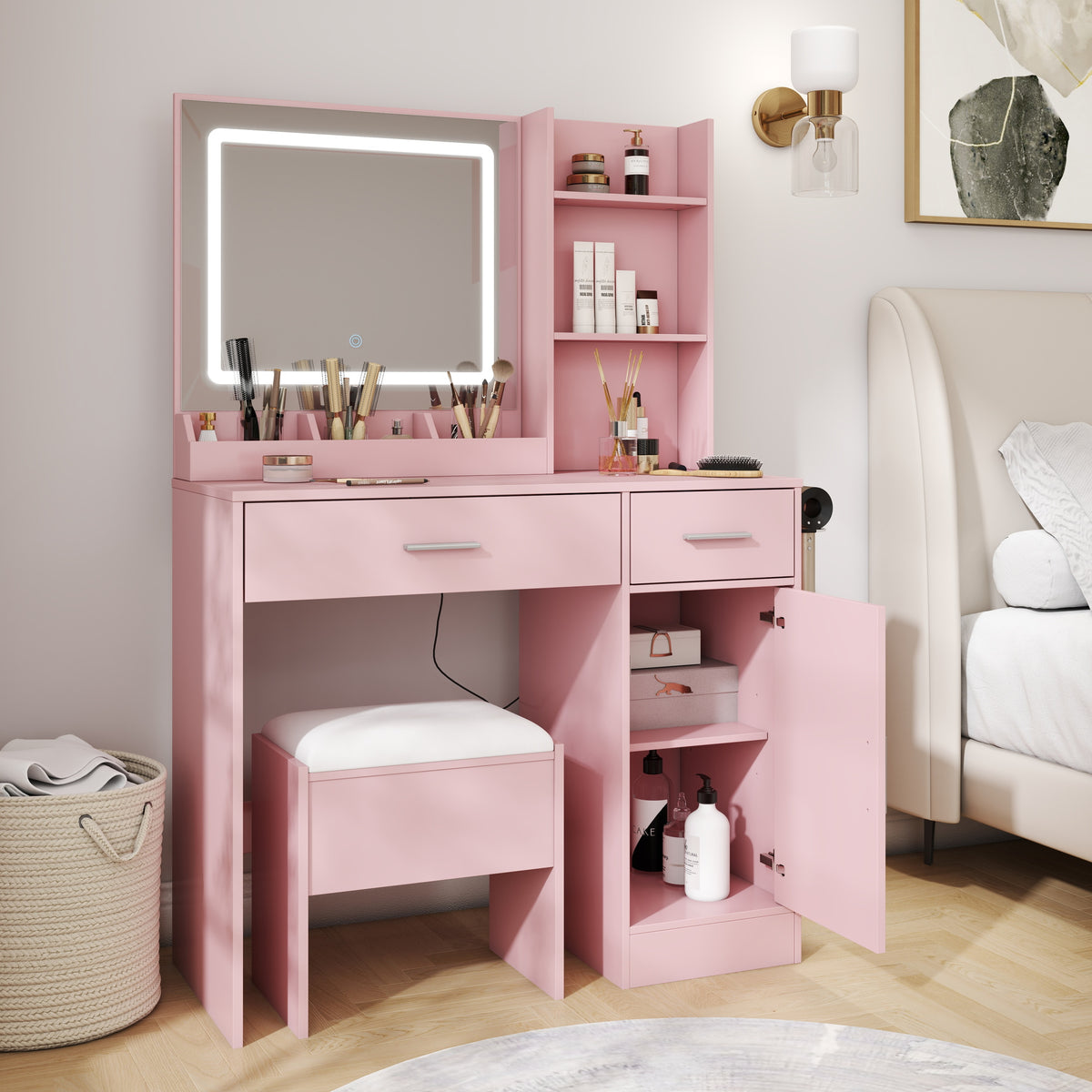 Lavin Makeup Vanity 2-PC Set, Vanity Desk with Stool, LED Light Mirror and Charging Station, Pink
