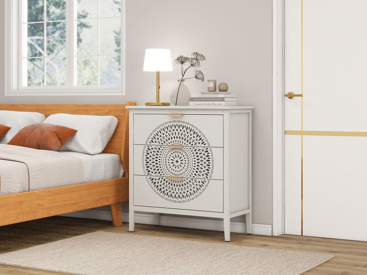 3 Drawer Cabinet With Hollow Carved 3 Drawer Dresser Storage Chest With Metal Handles For Entryway Living Room Bedroom - Beige by Couch.com