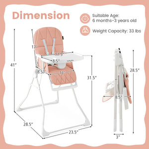 Easy Clean Compact Highchair with Removable Adjustable Tray and PU Seat Cushion-Pink