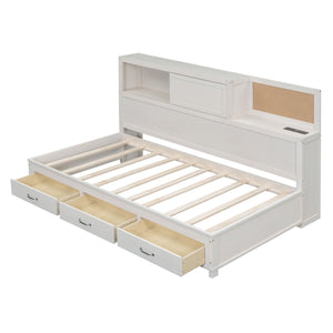 Twin Size Daybed With 3 Storage Drawers, Upper Soft Board, Shelf, And A Set Of Sockets And USB Ports - White by Couch.com