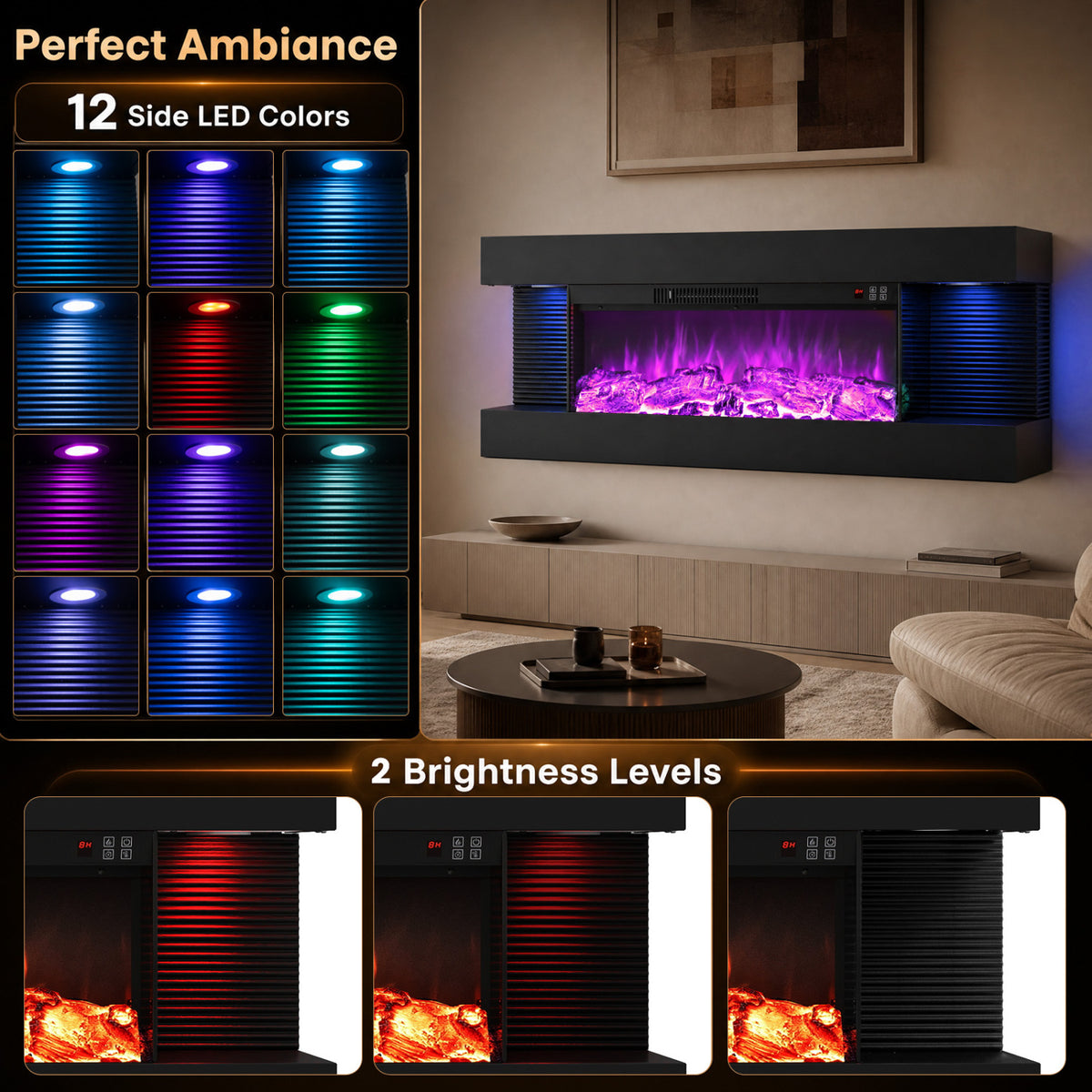 26" 3-Sided Wall Mount Electric Fireplace with 40" Floating Mantel for Living Room-40"