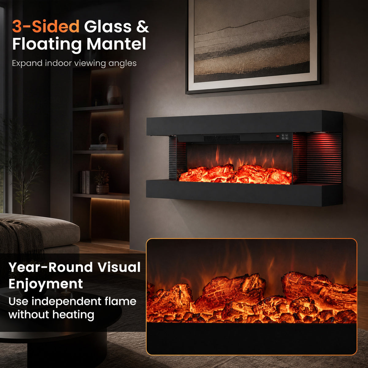 26" 3-Sided Wall Mount Electric Fireplace with 40" Floating Mantel for Living Room-40"