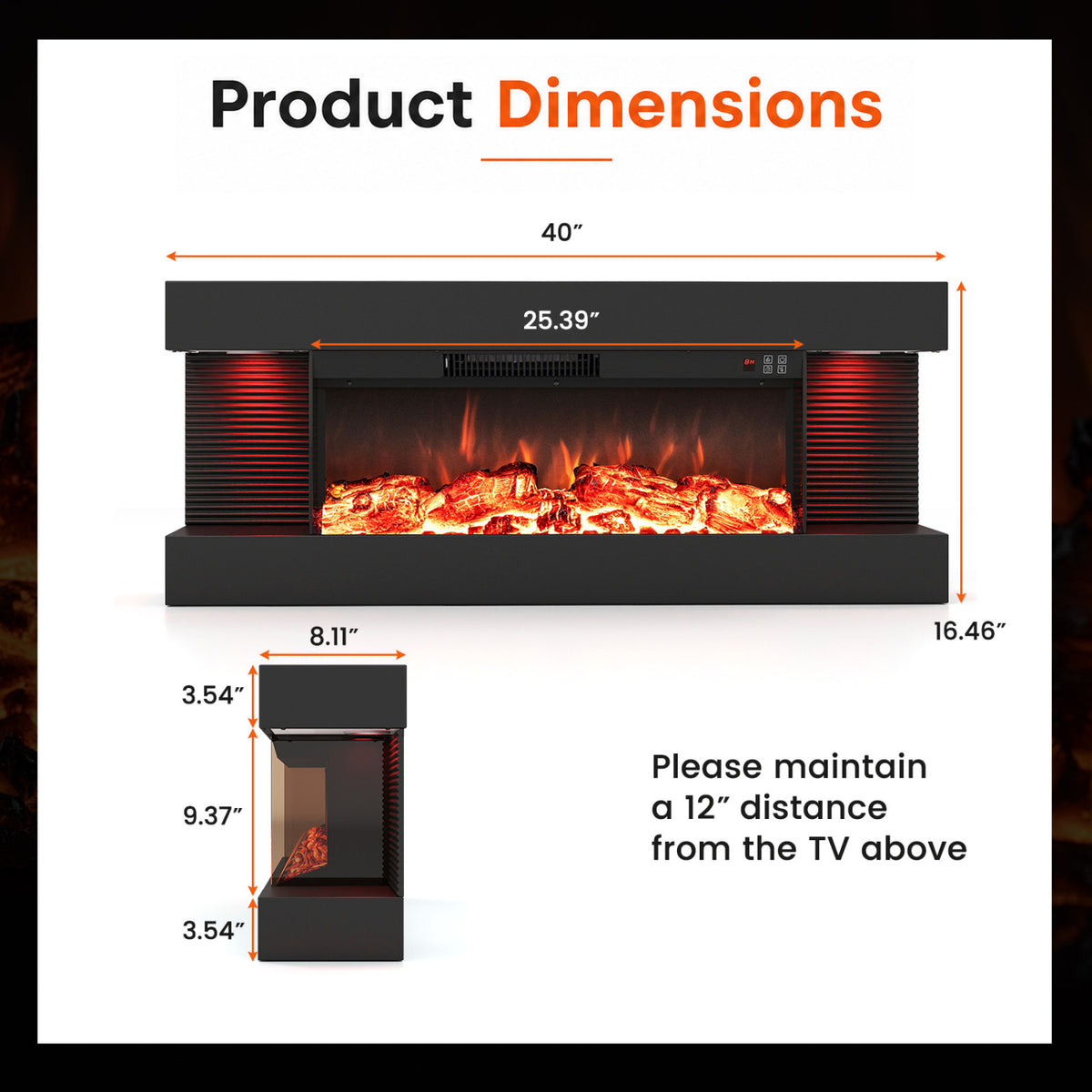 26" 3-Sided Wall Mount Electric Fireplace with 40" Floating Mantel for Living Room-40"