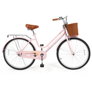 26 Inch Beach Cruiser Bike for Women with Woven Basket and Rear Rack - Pink