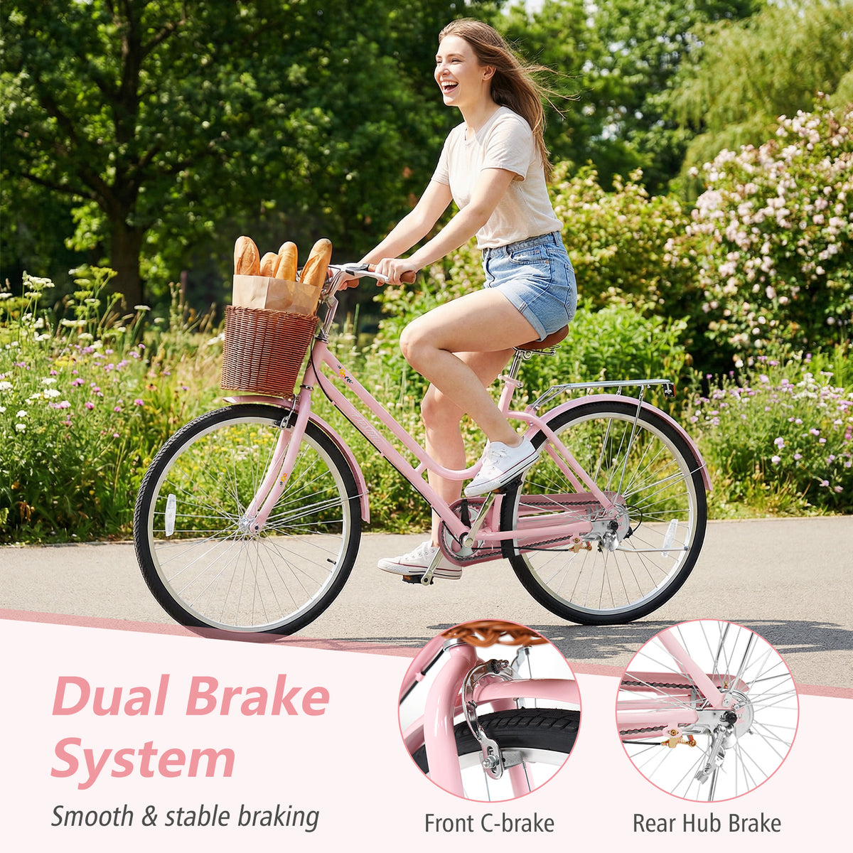 26 Inch Beach Cruiser Bike for Women with Woven Basket and Rear Rack - Pink