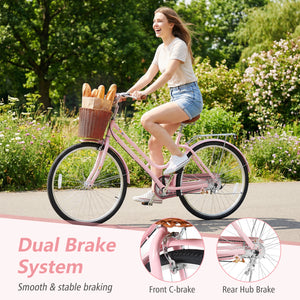 26 Inch Beach Cruiser Bike for Women with Woven Basket and Rear Rack - Pink