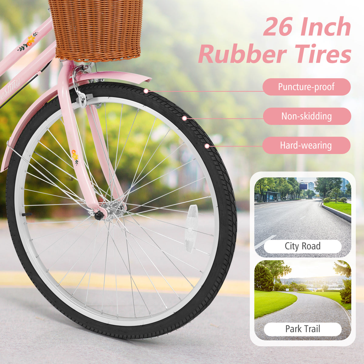 26 Inch Beach Cruiser Bike for Women with Woven Basket and Rear Rack - Pink