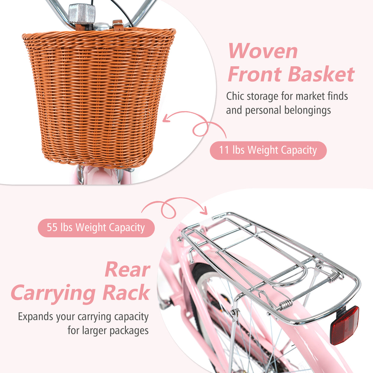 26 Inch Beach Cruiser Bike for Women with Woven Basket and Rear Rack - Pink