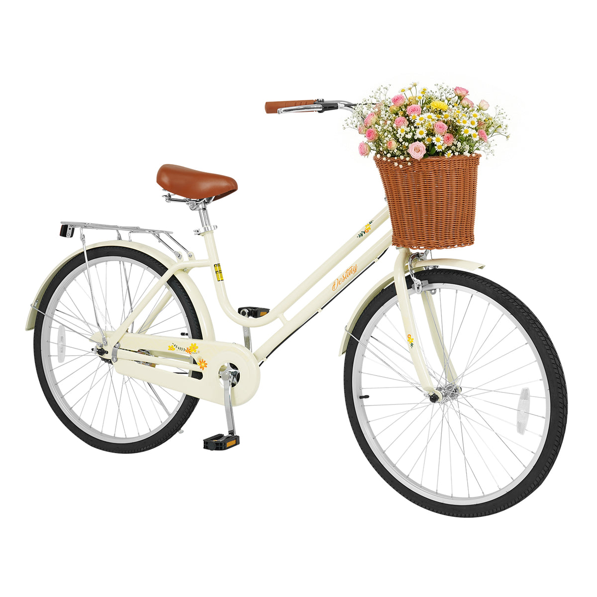 26 Inch Beach Cruiser Bike for Women with Woven Basket and Rear Rack - Beige
