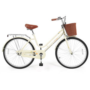 26 Inch Beach Cruiser Bike for Women with Woven Basket and Rear Rack - Beige