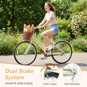 26 Inch Beach Cruiser Bike for Women with Woven Basket and Rear Rack - Beige