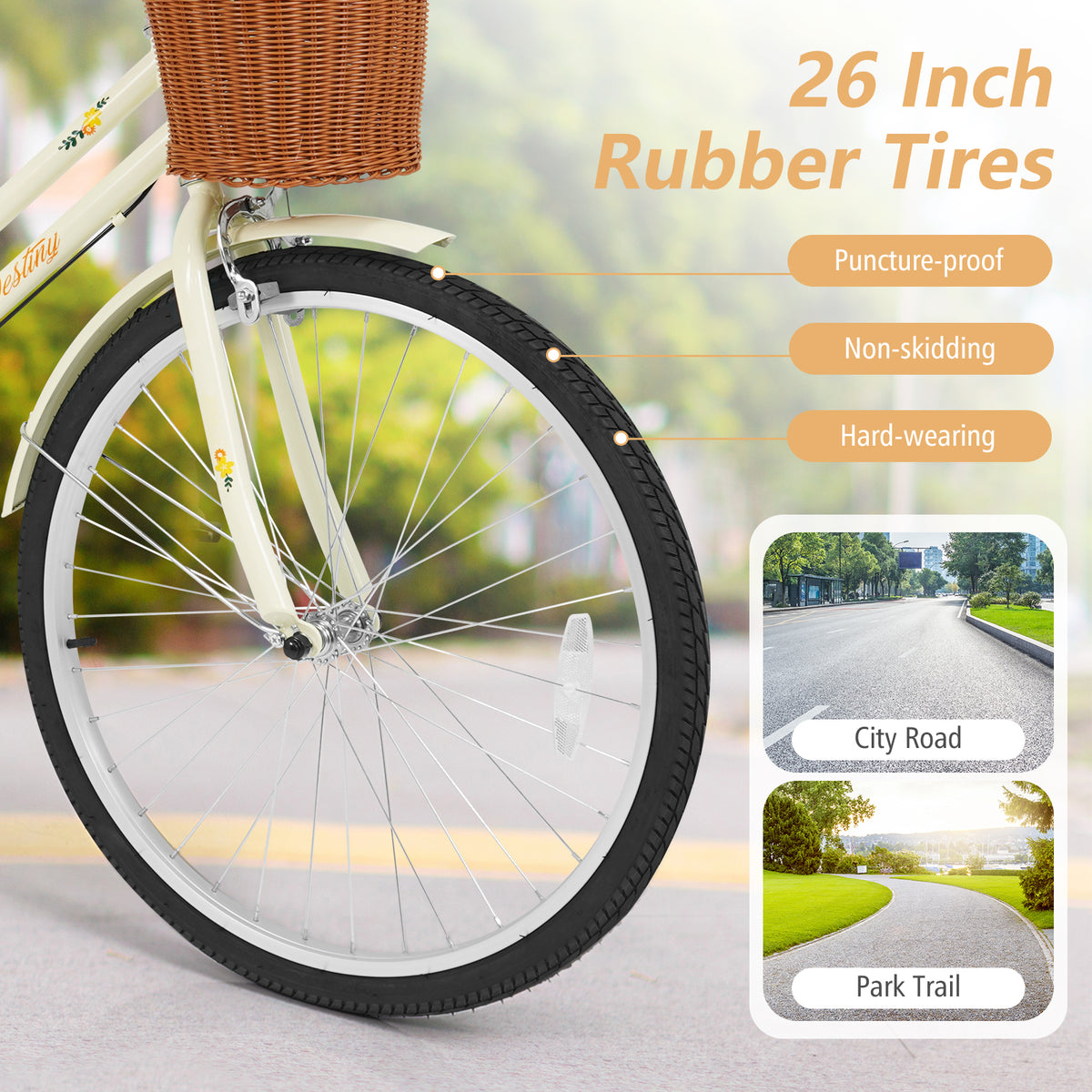 26 Inch Beach Cruiser Bike for Women with Woven Basket and Rear Rack - Beige