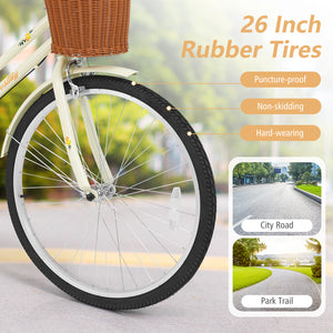 26 Inch Beach Cruiser Bike for Women with Woven Basket and Rear Rack - Beige