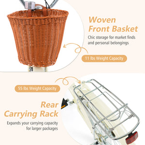 26 Inch Beach Cruiser Bike for Women with Woven Basket and Rear Rack - Beige