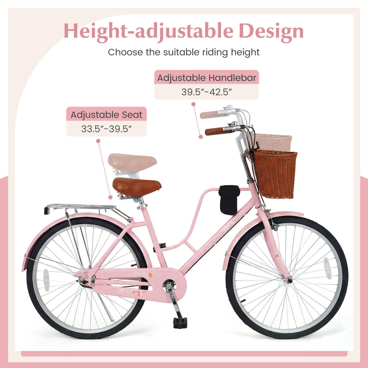 26-Inch Beach Cruiser Bike with Cup Holder and Woven Basket - Pink