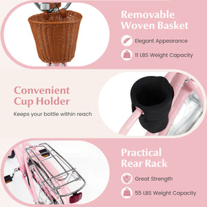 26-Inch Beach Cruiser Bike with Cup Holder and Woven Basket - Pink