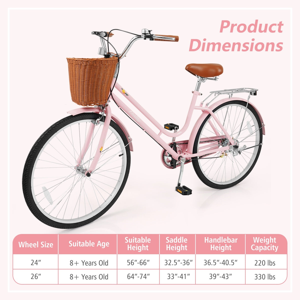 26 Inch Beach Cruiser Bike for Women with Woven Basket and Rear Rack - Pink