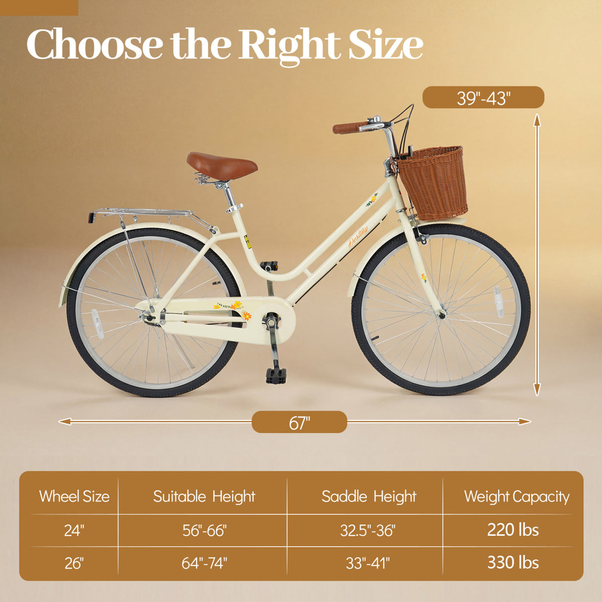 26 Inch Beach Cruiser Bike for Women with Woven Basket and Rear Rack - Beige