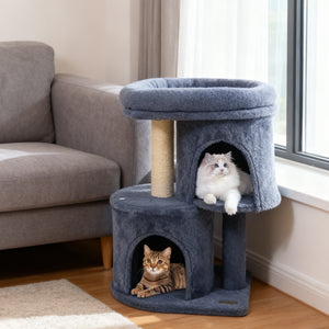 26 Inch Cat Tower with Large Padded Push Perch and Dual Condos-Dark Gray