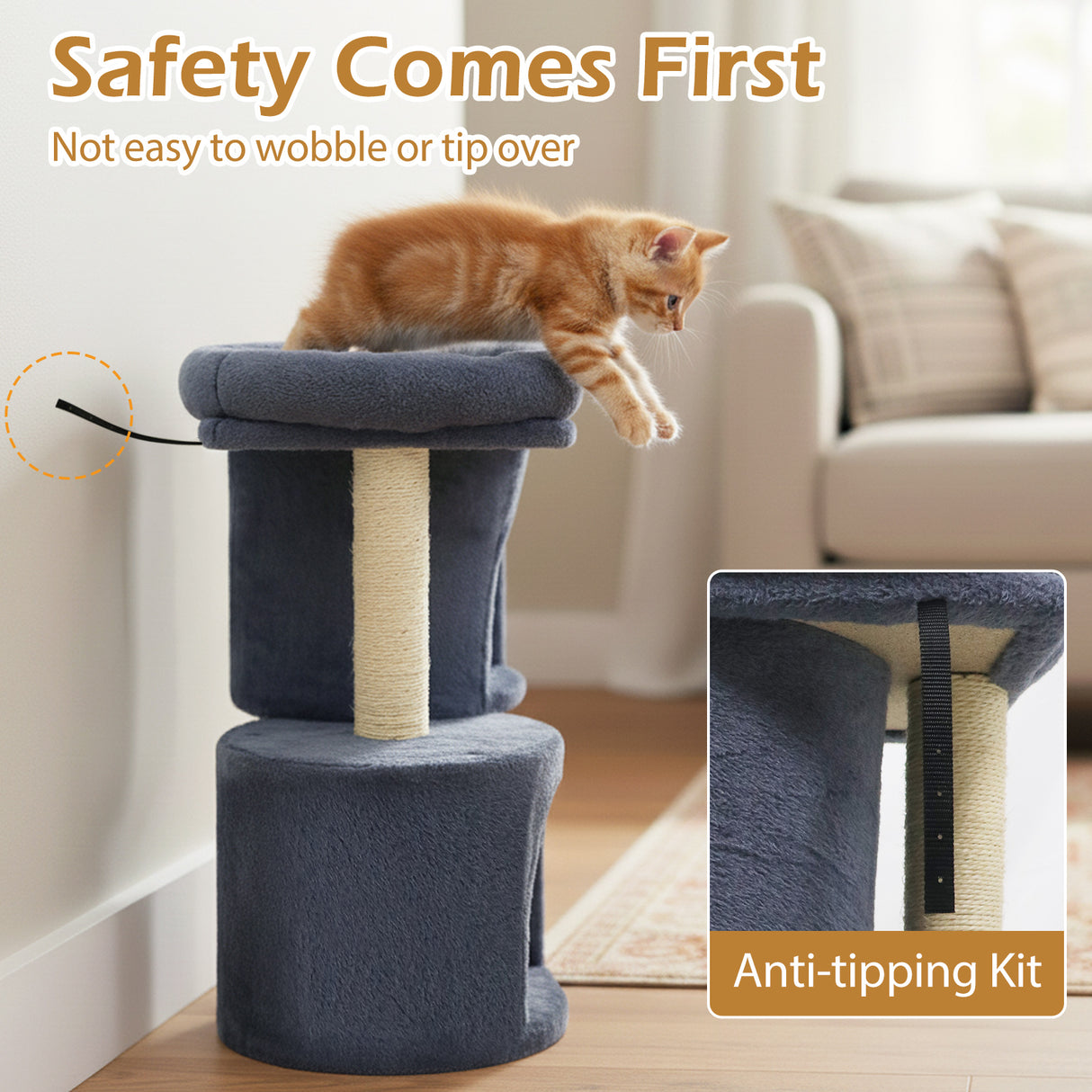 26 Inch Cat Tower with Large Padded Push Perch and Dual Condos-Dark Gray