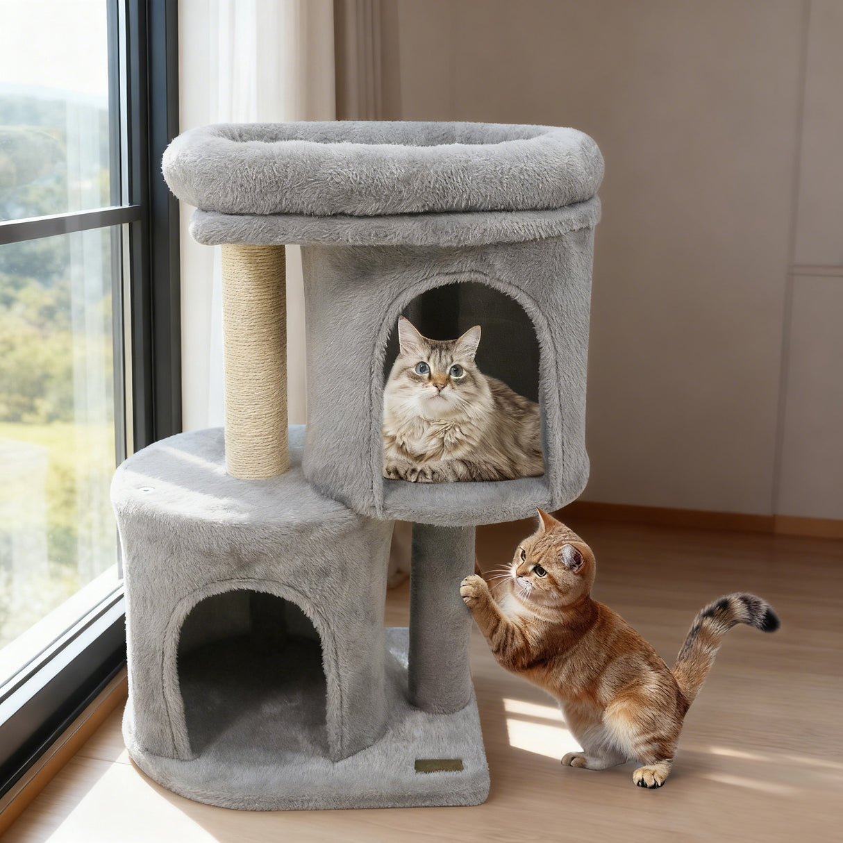 26 Inch Cat Tower with Large Padded Push Perch and Dual Condos-Light Gray