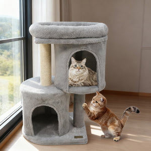 26 Inch Cat Tower with Large Padded Push Perch and Dual Condos-Light Gray