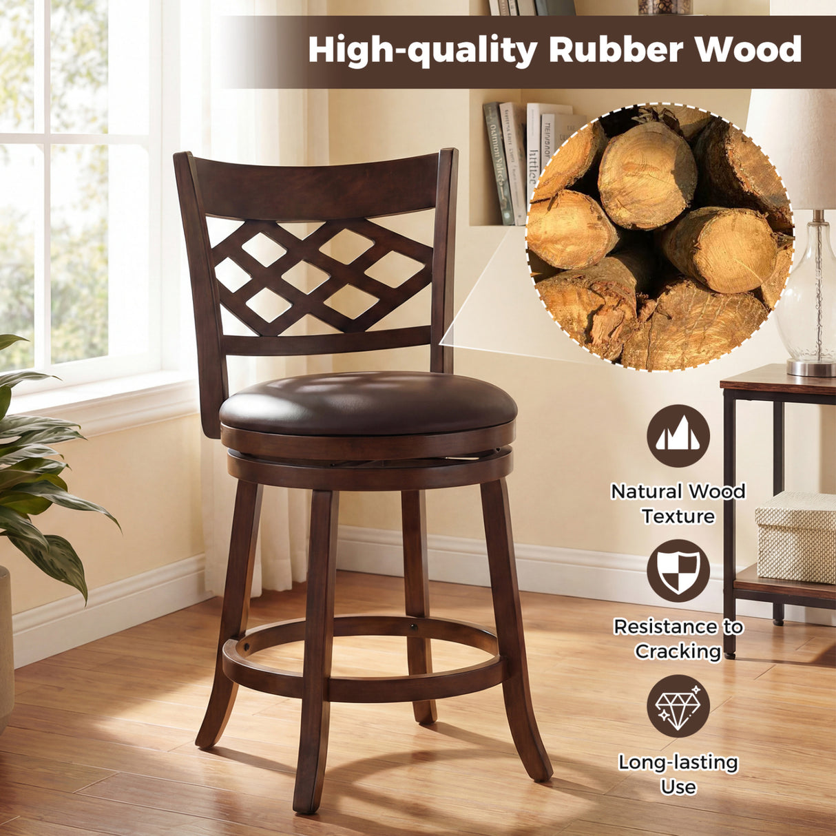 26 Inch Counter Height Bar Stools Set of 2 with Rubber Wood Frame-26 Inch