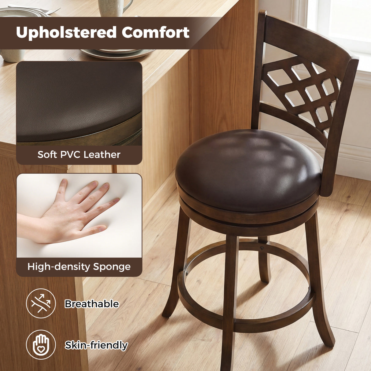 26 Inch Counter Height Bar Stools Set of 2 with Rubber Wood Frame-26 Inch