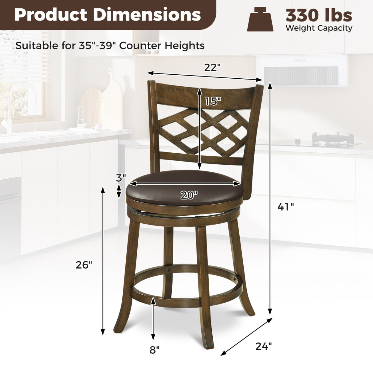 26 Inch Counter Height Bar Stools Set of 2 with Rubber Wood Frame-26 Inch