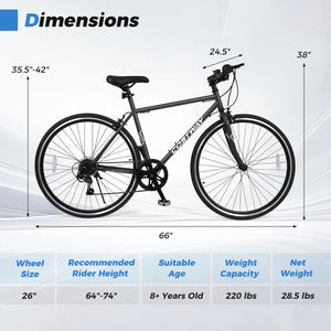 26 Inch Mountain Bike Adjustable with 6-Speed and All-terrain Rubber Wheels-Black