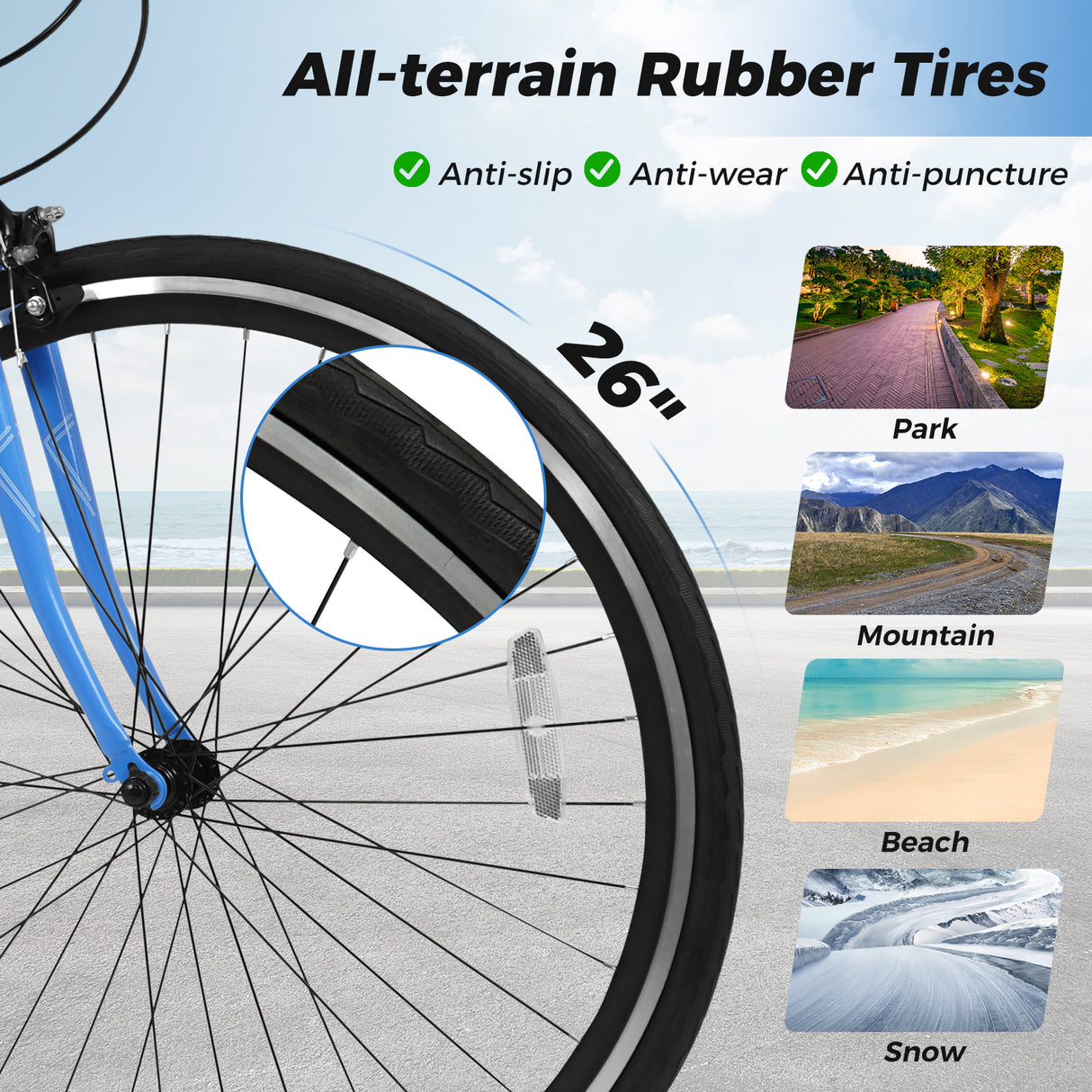 26 Inch Mountain Bike Adjustable with 6-Speed and All-terrain Rubber Wheels-Blue
