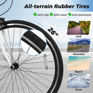 26 Inch Mountain Bike Adjustable with 6-Speed and All-terrain Rubber Wheels-White
