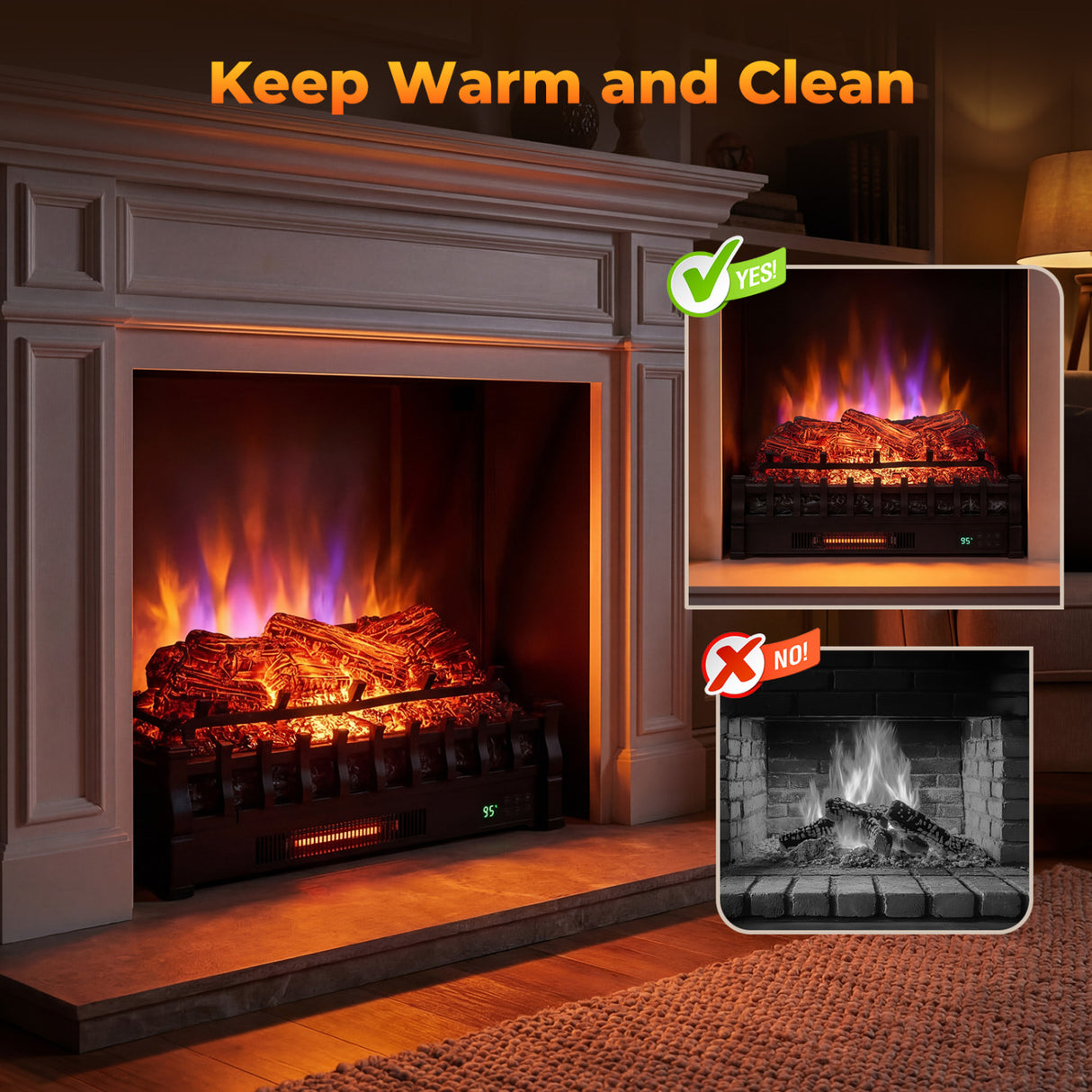 26 Inch WiFi Infrared Quartz Electric Fireplace Insert Logs Heater with Realistic Pinewood Logs-Black