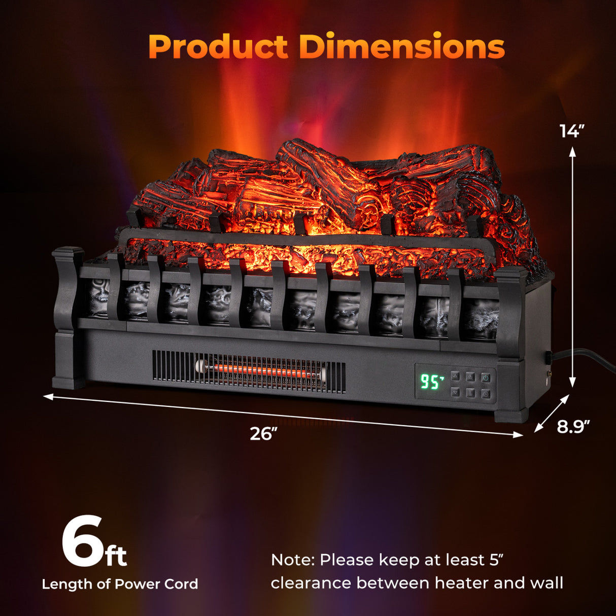 26 Inch WiFi Infrared Quartz Electric Fireplace Insert Logs Heater with Realistic Pinewood Logs-Black