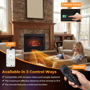 26 Inch WiFi Infrared Quartz Electric Fireplace Insert Logs Heater with Realistic Lemonwood Logs-Black