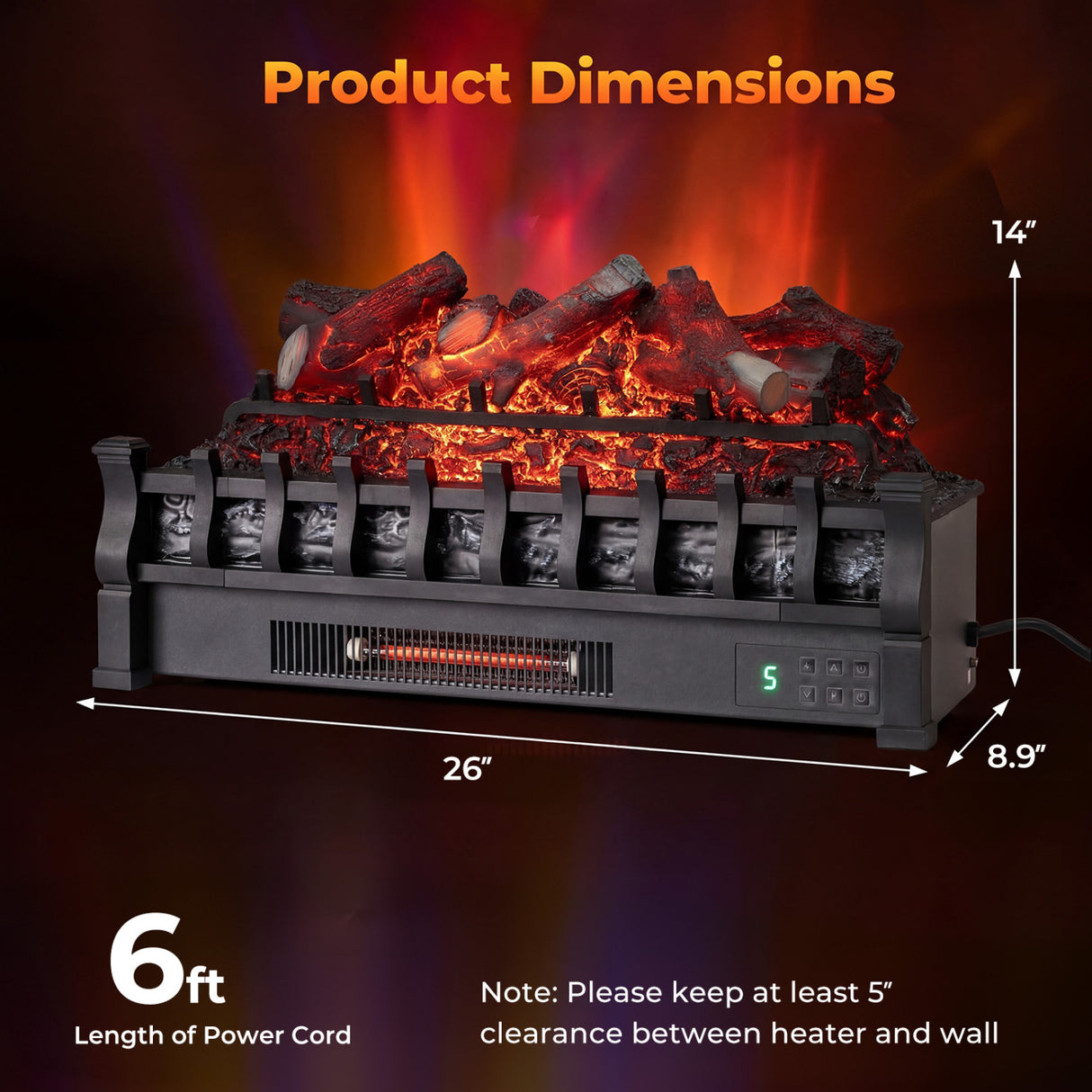 26 Inch WiFi Infrared Quartz Electric Fireplace Insert Logs Heater with Realistic Lemonwood Logs-Black