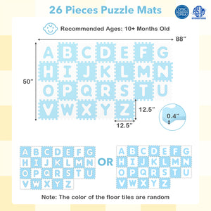 26 Pieces Interlocking ABC Play Mats with Detachable Letters-Blue