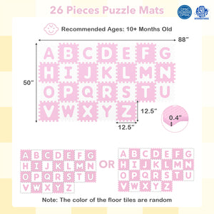 26 Pieces Interlocking ABC Play Mats with Detachable Letters-Pink