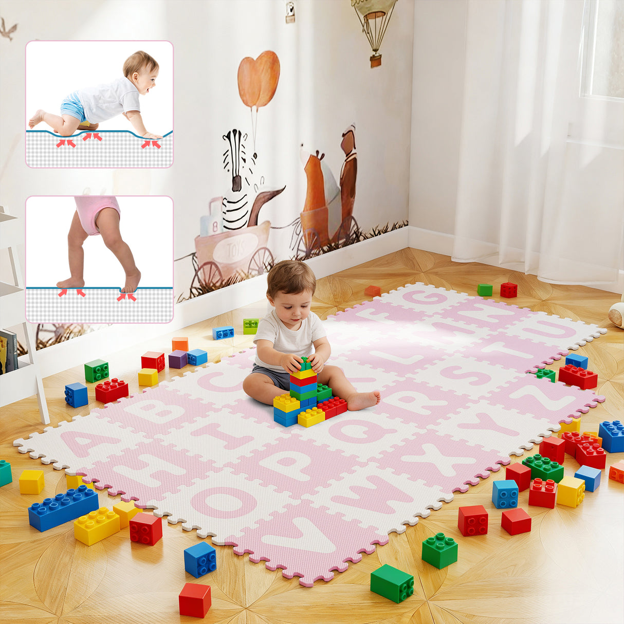 26 Pieces Interlocking ABC Play Mats with Detachable Letters-Pink