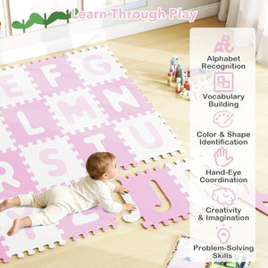 26 Pieces Interlocking ABC Play Mats with Detachable Letters-Pink