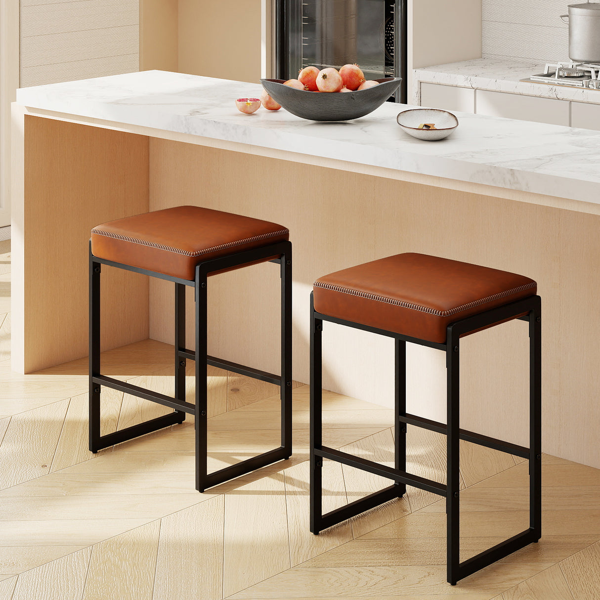 26 inch Bar Stools Set of 2 Counter Height Barstools with Faux Leather Upholstered Seat-Brown