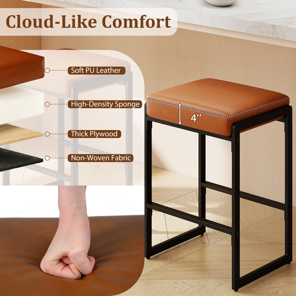 26 inch Bar Stools Set of 2 Counter Height Barstools with Faux Leather Upholstered Seat-Brown