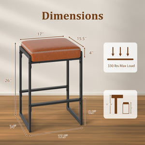 26 inch Bar Stools Set of 2 Counter Height Barstools with Faux Leather Upholstered Seat-Brown