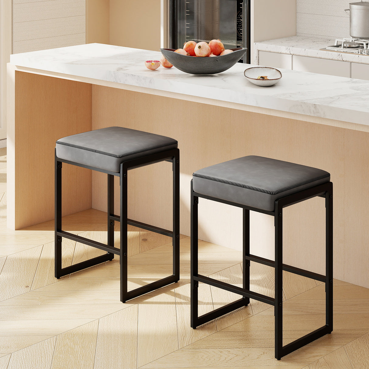 26 inch Bar Stools Set of 2 Counter Height Barstools with Faux Leather Upholstered Seat-Gray
