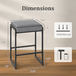 26 inch Bar Stools Set of 2 Counter Height Barstools with Faux Leather Upholstered Seat-Gray