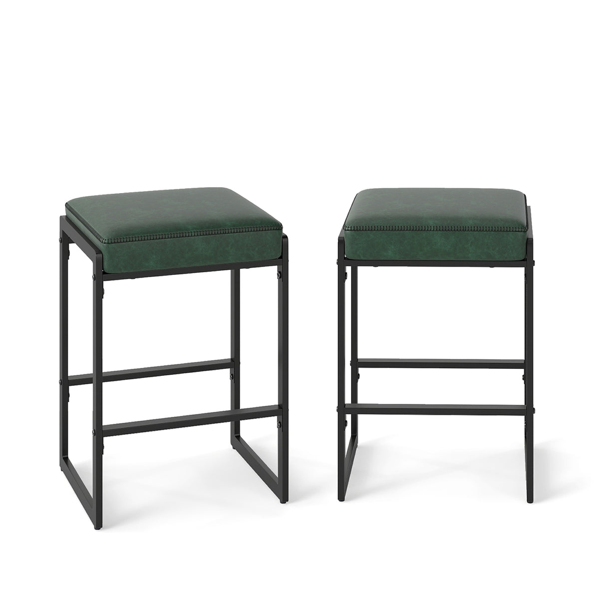 26 inch Bar Stools Set of 2 Counter Height Barstools with Faux Leather Upholstered Seat-Green