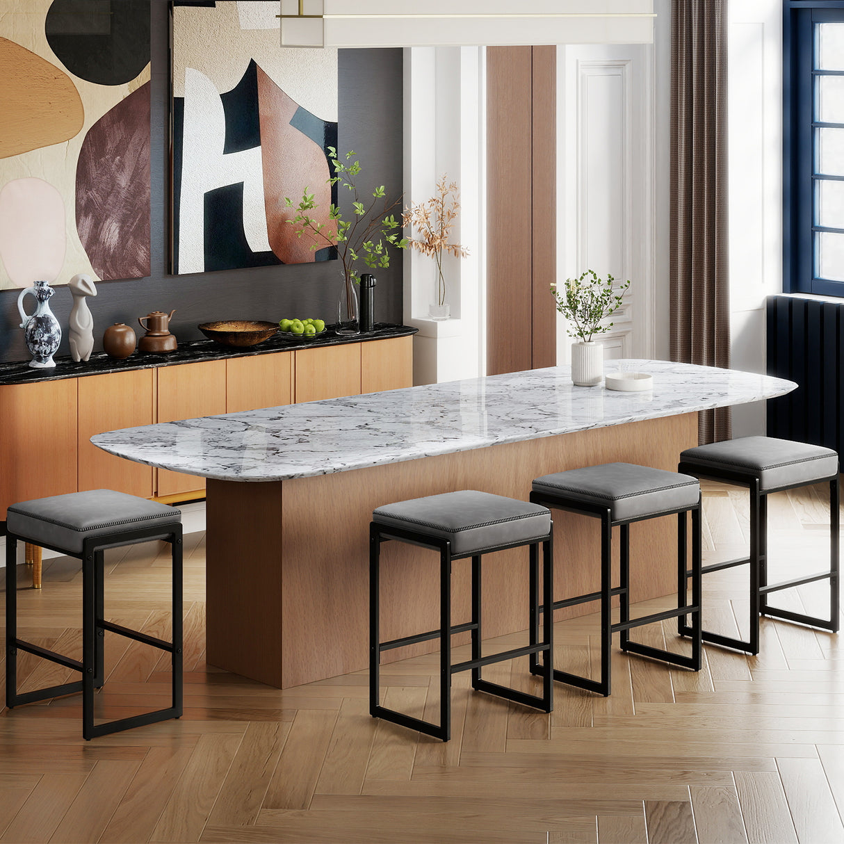 26 inch Bar Stools Set of 4 Counter Height Barstools with Faux Leather Upholstered Seat-Gray