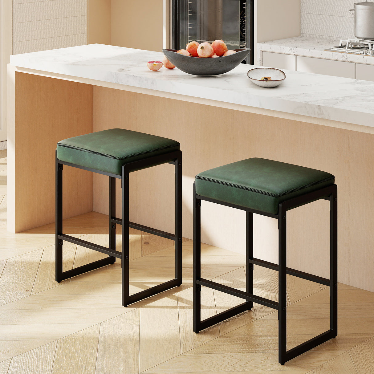 26 inch Bar Stools Set of 4 Counter Height Barstools with Faux Leather Upholstered Seat-Green